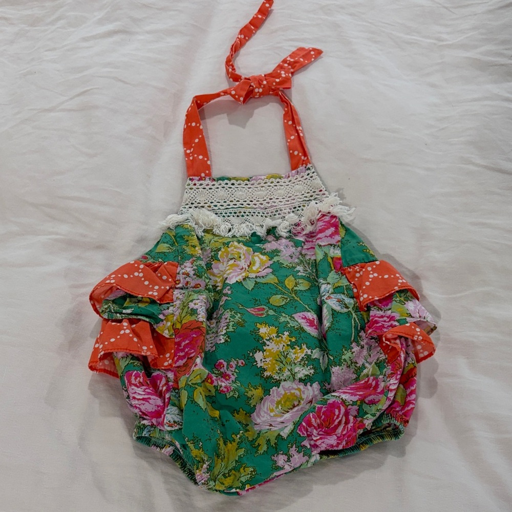 Peaches & Cream Floral Halter Ruffle Romper in Green, Orange & Pink